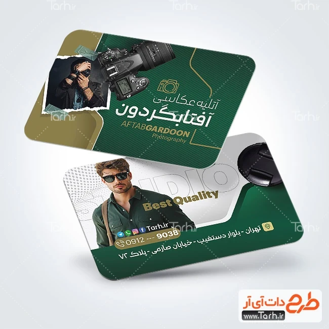 فایل لایه باز کارت ویزیت عکاسی و فیلم برداری طرح کارت ویزیت آتلیه و استودیو عکاسی شامل عکس مدل مرد