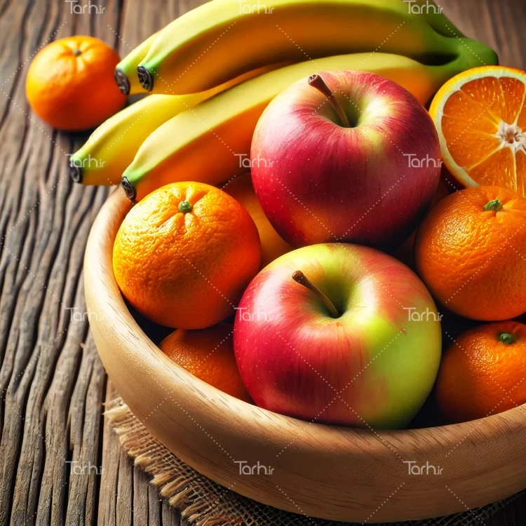تصویر سبد میوه شامل عکس سیب، گلابی، پرتقال و توت فرنگی عکس حرفه ای ظرف میوه