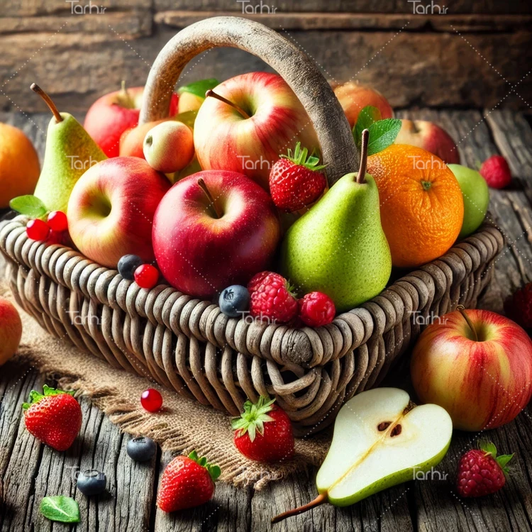 تصویر سبد میوه شامل عکس سیب، گلابی، پرتقال و توت فرنگی عکس حرفه ای ظرف میوه