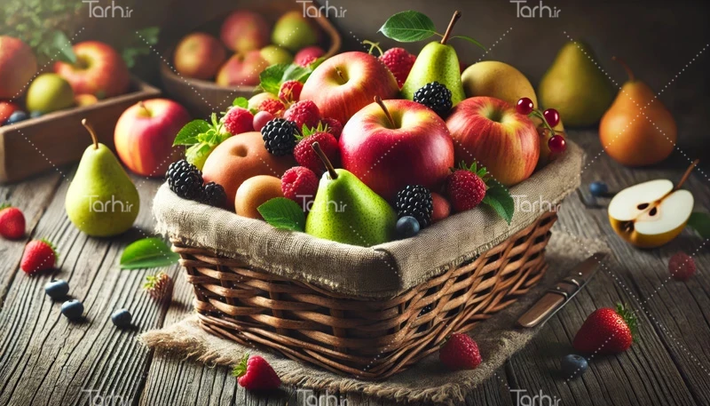 تصویر سبد میوه شامل عکس سیب، گلابی، پرتقال و توت فرنگی عکس حرفه ای ظرف میوه