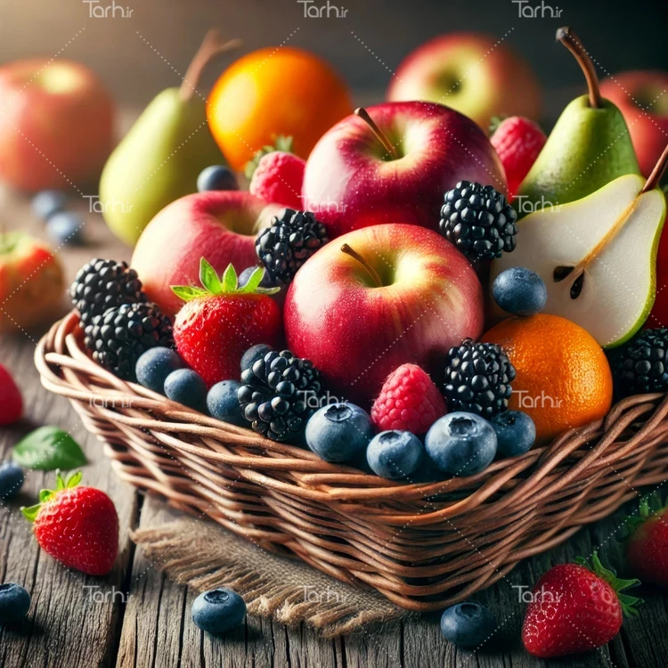 تصویر سبد میوه شامل عکس سیب، گلابی، پرتقال و توت فرنگی عکس حرفه ای ظرف میوه