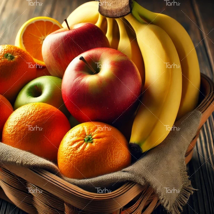 تصویر سبد میوه شامل عکس سیب، گلابی، پرتقال و توت فرنگی عکس حرفه ای ظرف میوه