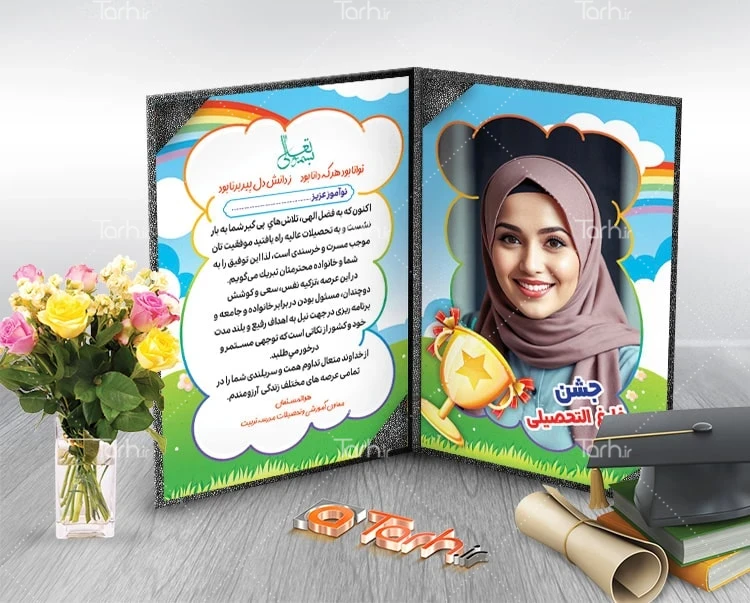 لوح جشن فارغ التحصیلی طرح تقدیرنامه جشن فارغ التحصیلی لایه باز با تصویرسازی کاپ قهرمانی
