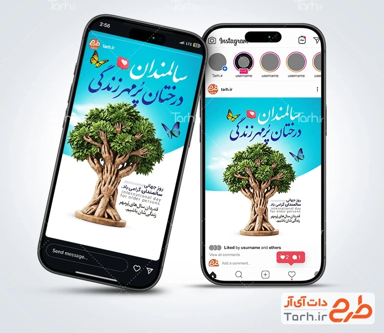 طرح استوری اینستاگرام روز جهانی سالمندان شامل خوشنویسی سالمندان درختان پر مهر زندگی و فرمت psd و قابلیت ویرایش