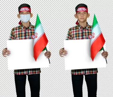 تصویر دوربری نوجوان بسیجی با پرچم ایران