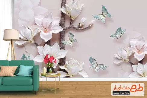 کاغذ دیواری گل و پروانه
