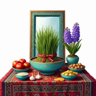 عکس هفت سین شامل سیب سکه سبزه و سیر عکس حرفه ای هفت سین