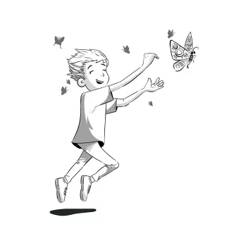 تصویرسازی سیاه و سفید پسر با پروانه شامل کاراکتر پسر