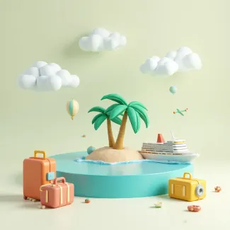 تصویر مینیمال جزیره با کشتی تفریحی عکس حرفه ای آژانس مسافرتی