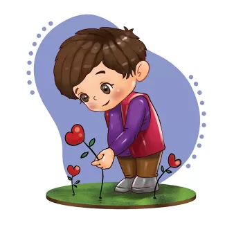 تصویرسازی پسر مهربان با گل شامل کاراکتر پسر با قلب