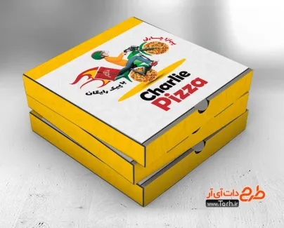 طرح آماده جعبه پیتزا شامل عکس پیک موتوری جهت استفاده برای بسته بندی و جعبه پیتزا به صورت رنگی