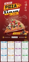 دانلود طرح خام تقویم دیواری پیتزا فروشی 1402 شامل وکتور پیتزا جهت چاپ تقویم ساندویچی و فست فود