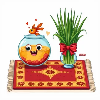 دانلود تصویر ماهی و سبزه و تنگ هفت سین تم کارتونی عکس حرفه ای ماهی گلی و سبزه