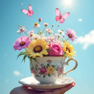 عکس گلهای بهاری در فنجان و پروانه های صورتی عکس حرفه ای گل