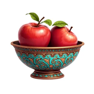 عکس هوش مصنوعی سیب قرمز در ظرف سنتی عکس حرفه ای سیب سفره هفت سین