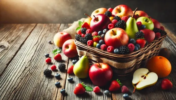 تصویر گرافیکی میوه با عکس توت فرنگی و گلابی عکس حرفه ای ظرف میوه