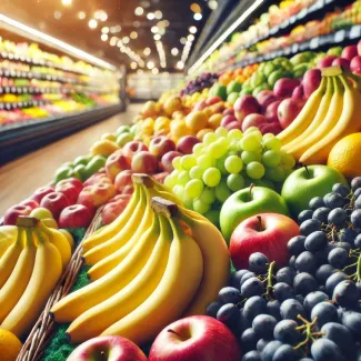 عکس با کیفیت سبد میوه های تابستانه در مغازه میوه فروشی دانلود عکس با کیفیت میوه