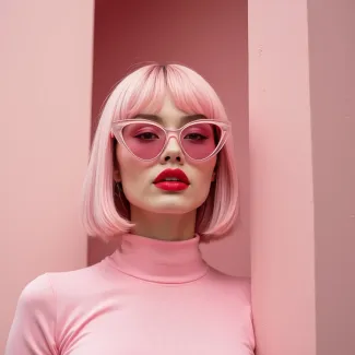 تصویر هوش مصنوعی زن با عینک دودی تم صورتی عکس حرفه ای عینک فروشی