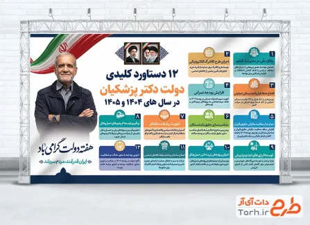 بنر لایه باز دستاوردهای دولت دارای خوشنویسی هفته دولت گرامی باد با فرمت psd و قابل ویرایش