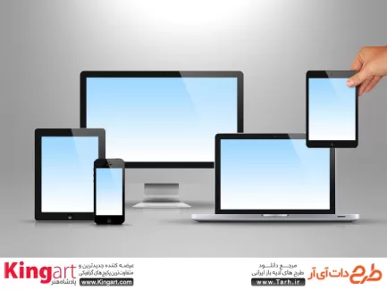 قالب لایه باز موکاپ مانیتور،لپ تاپ، موبایل و تبلت جهت پیش نمایش ریسپانسیو دستگاه‌های دیجیتال