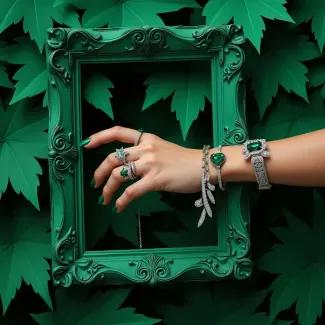 عکس استوک دست با انگشتر و دستبند تم سبز عکس حرفه ای جواهر