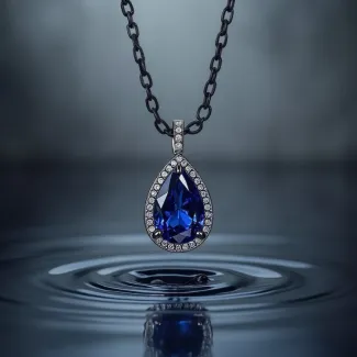 عکس گردنبند مدل اشک با نگین آبی عکس حرفه ای جواهر