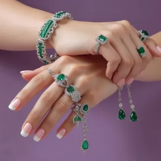 دانلود تصویر انگشتر و دستبند با نگین زمرد عکس حرفه ای جواهر