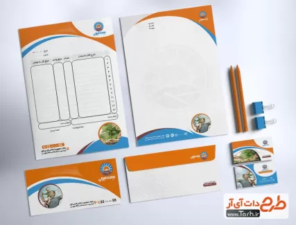 طرح ست اداری بیمه ایران شامل پاکت ملخی، کارت ویزیت، پاکت a4 و سربرگ و فاکتور