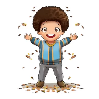 تصویرسازی پسر بچه در پاییز شامل کاراکتر پسر با برگ درخت پاییزی