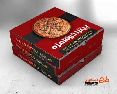 فایل لایه باز جعبه پیتزا شامل عکس پیتزا جهت استفاده برای بسته بندی و جعبه پیتزا به صورت رنگی