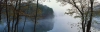 عکس افقی رودخانه جنگلی و هوای مه آلود