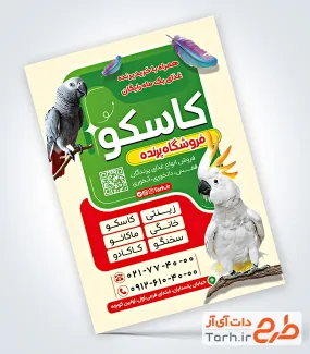 طرح تراکت تبلیغاتی پرنده فروشی شامل عکس طوطی با فرمت psd و قابل ویرایش