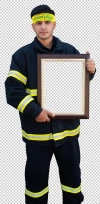 تصویر دوربری آتش نشان با سربند و قاب عکس