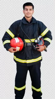 تصویر آتش نشان با کلاه ایمنی و ماسک اکسیژن