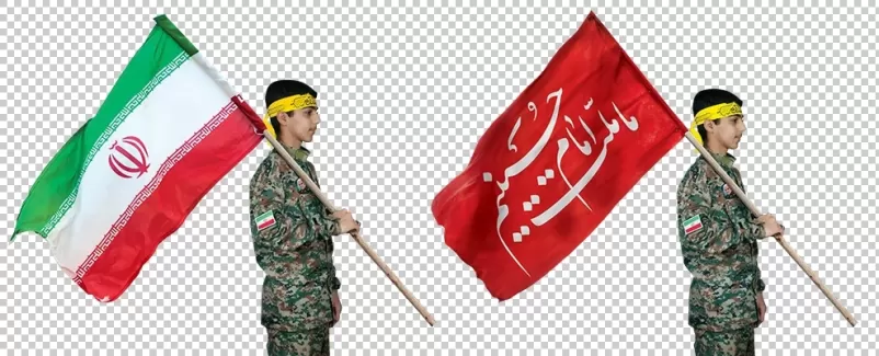 تصویر استوک دانش آموز بسیجی و پرچم ایران