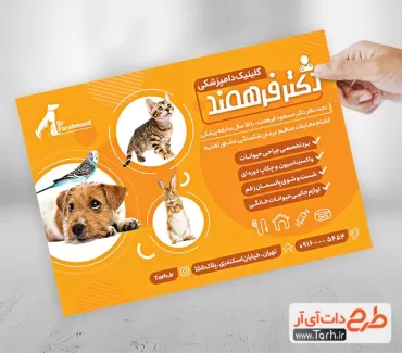 طرح خام تراکت دامپزشکی شامل عکس سگ و گربه جهت چاپ تراکت تبلیغاتی دامپزشک و کلینیک دامپزشکی