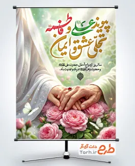 طرح پوستر ازدواج امام علی و حضرت فاطمه شامل تایپوگرافی پیوند علی و فاطمه تجلی عشق و ایمان