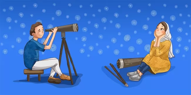 تصویر سازی لایه باز دختر و پسر عاشق با تلسکوپ با فرمت psd و قابل ویرایش در فتوشاپ