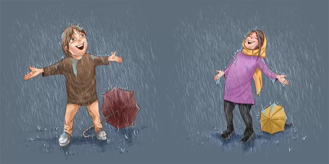 طرح لایه باز تصویرسازی دختر و پسر عاشق زیر باران با فرمت psd و قابل ویرایش در برنامه فتوشاپ