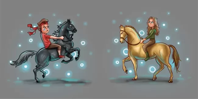 لایه باز تصویرسازی دختر و پسر عاشق در حال اسب سواری با فرمت فتوشاپ