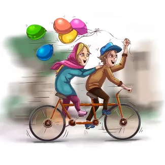 تصویرسازی لایه باز دختر و پسر عاشق در حال دوچرخه سواری با بادکنک با فرمت psd