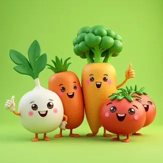 تصویر با کیفیت گوجه هویج و ترب مدل کارتونی عکس حرفه ای سبزیجات