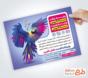 دانلود فایل تراکت چاپخانه با عکس طوطی رنگی