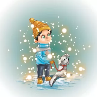 تصویرسازی پسربچه در برف با سگ