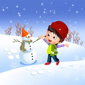 تصویرسازی پسر با آدم برفی در زمستان