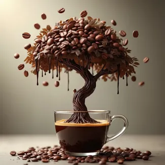 عکس هوش مصنوعی فنجان و بنسای با دانه قهوه عکس حرفه ای کافی شاپ