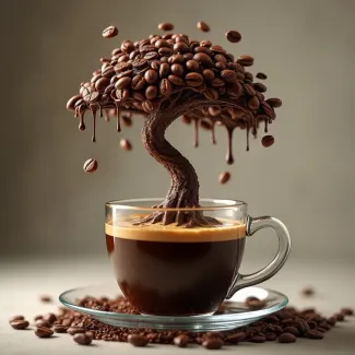 عکس فنجان قهوه و گیاه بنسای ترکیبی با دانه های قهوه عکس حرفه ای کافی شاپ