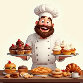 عکس سرآشپز مرد با شیرینی و کاپ کیک عکس حرفه ای شیرینی سرا