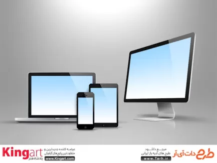 طرح لایه باز موکاپ صفحه لپ تاپ و موبایل و تبلت جهت پیش نمایش ریسپانسیو دستگاه‌های دیجیتال