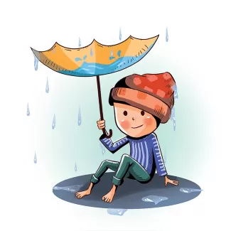 تصویرسازی پسر و هوای بارانی شامل کاراکتر بچه